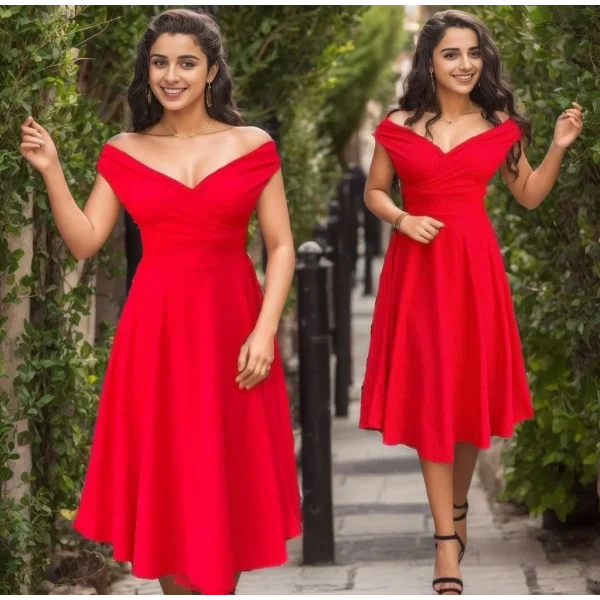 Kadın Kısa Kollu Kruvaze Yaka Eteği Volanlı Krep Elbise