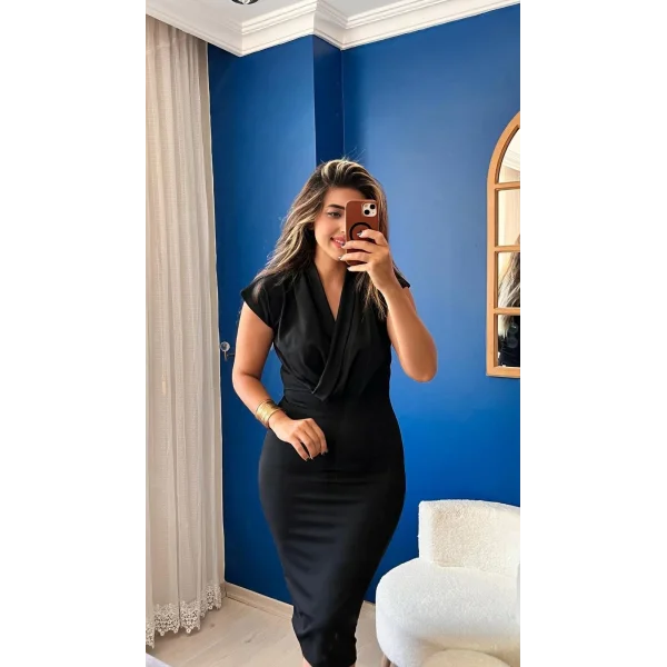 Kadın Kısa Kollu Kruvaze Yaka Krep Elbise (Kemersiz)