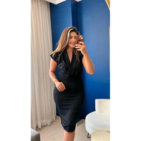 Kadın Kısa Kollu Kruvaze Yaka Krep Elbise (Kemersiz)