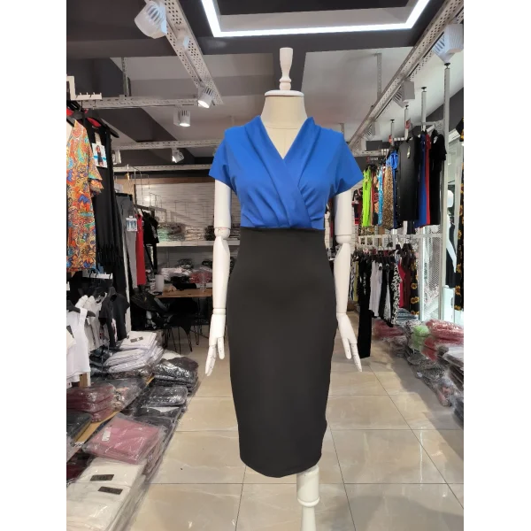 Kadın Kısa Kollu Kruvaze Yaka Krep Elbise (Kemersiz)