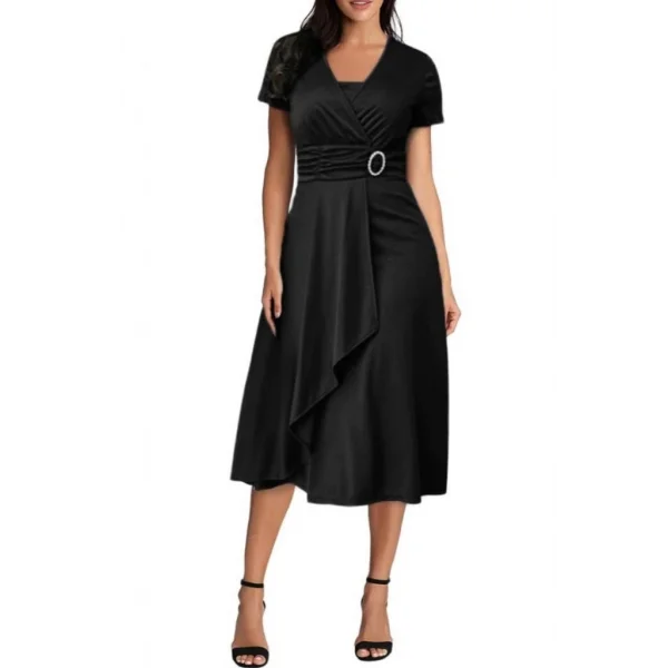 Kadın Kısa Kollu Kruvaze Yaka Kuşak Ve Toka Detay Krep Elbise