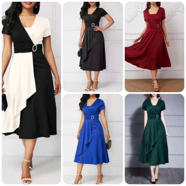 Kadın Kısa Kollu Kruvaze Yaka Kuşak Ve Toka Detay Krep Elbise