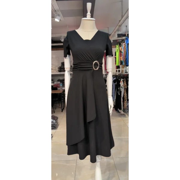 Kadın Kısa Kollu Kruvaze Yaka Kuşak Ve Toka Detay Krep Elbise