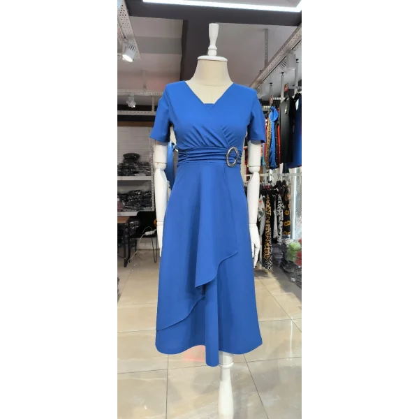 Kadın Kısa Kollu Kruvaze Yaka Kuşak Ve Toka Detay Krep Elbise