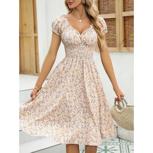 Kadın Kısa Kollu Kruvaze Yaka Lastikli Belden Gipeli çiçek Desenli Suprem Elbise
