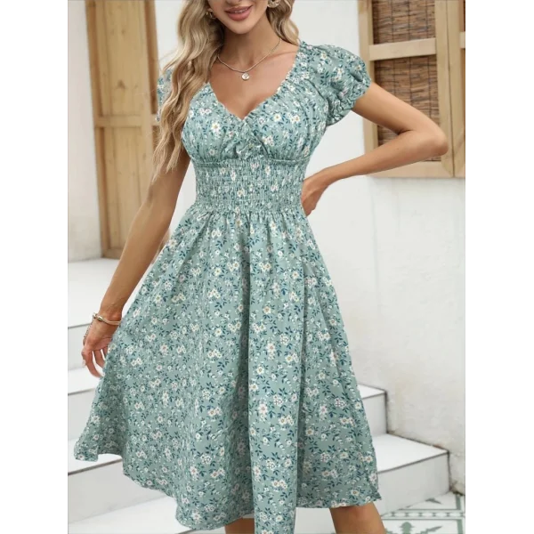 Kadın Kısa Kollu Kruvaze Yaka Lastikli Belden Gipeli çiçek Desenli Suprem Elbise