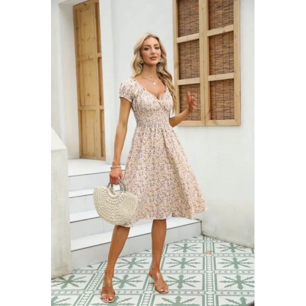 Kadın Kısa Kollu Kruvaze Yaka Lastikli Belden Gipeli çiçek Desenli Suprem Elbise