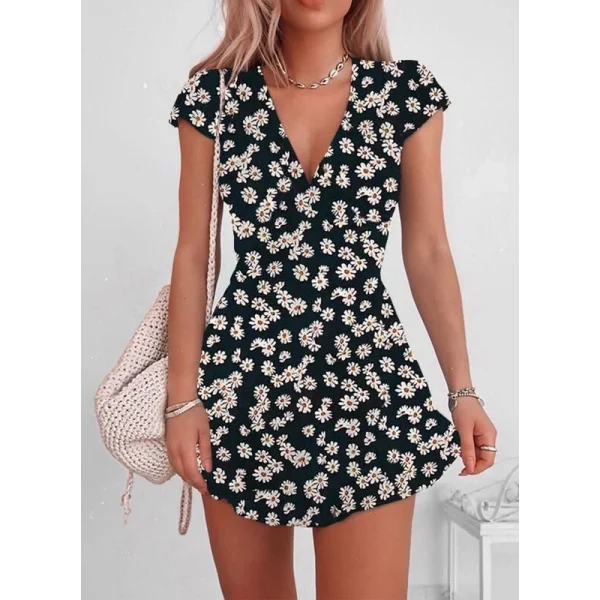 Kadın Kısa Kollu Kruvaze Yaka Papatya Baskılı Krep Elbise