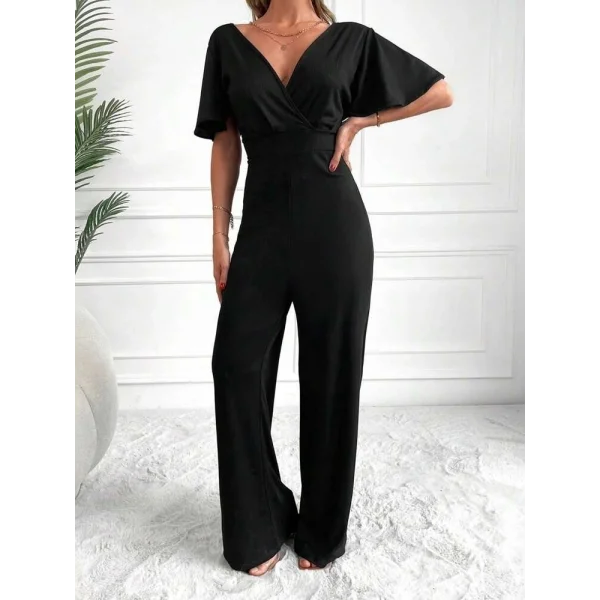 Kadın Kısa Kollu Kruvaze Yaka Sırt Dekolteli Pegasus Kumaş Tulum