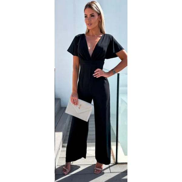 Kadın Kısa Kollu Kruvaze Yaka Sırt Dekolteli Pegasus Kumaş Tulum