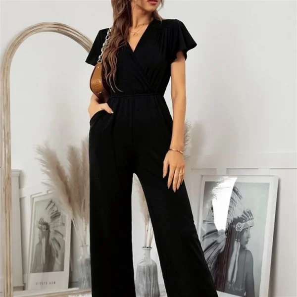 Kadın Kısa Kollu Kruvaze Yaka Sırt Dekolteli Pegasus Kumaş Tulum