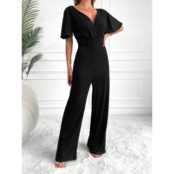 Kadın Kısa Kollu Kruvaze Yaka Sırt Dekolteli Pegasus Kumaş Tulum