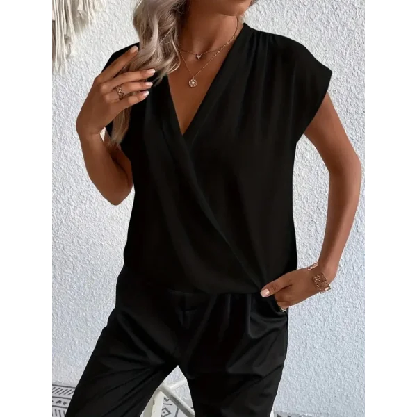 Kadın Kısa Kollu Kruvaze Yaka Yerli Krep Bluz