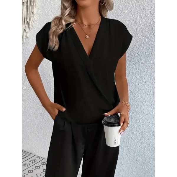 Kadın Kısa Kollu Kruvaze Yaka Yerli Krep Bluz