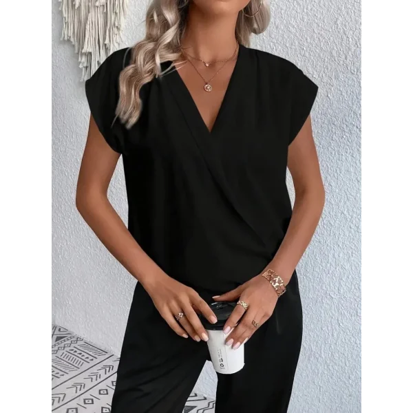 Kadın Kısa Kollu Kruvaze Yaka Yerli Krep Bluz