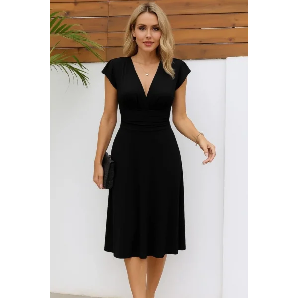 Kadın Kısa Kollu Kruvaze Yakalı Bel Korsajı Buzgulu Midi Janjan Krep Elbise