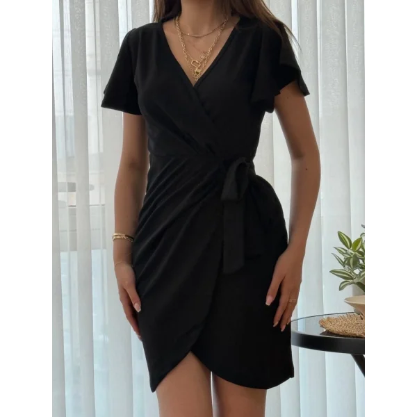 Kadın Kısa Kollu Kruvaze Yakalı Belden Bağlamalı Ithal Krep Elbise