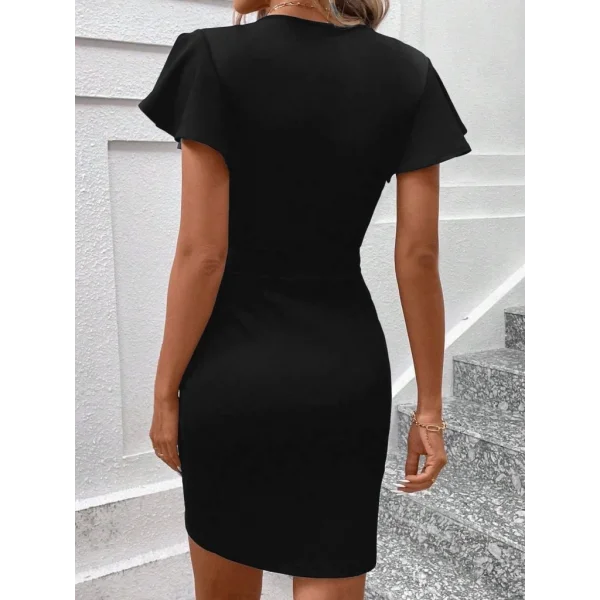 Kadın Kısa Kollu Kruvaze Yakalı Belden Bağlamalı Ithal Krep Elbise