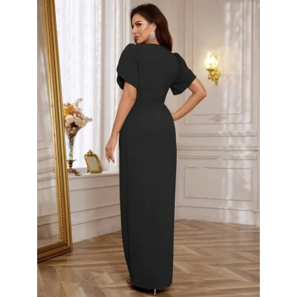 Kadın Kısa Kollu Kruvaze Yakalı Belden çiçek Aksesuarlı Yırtmaçlı Ithal Krep Elbise