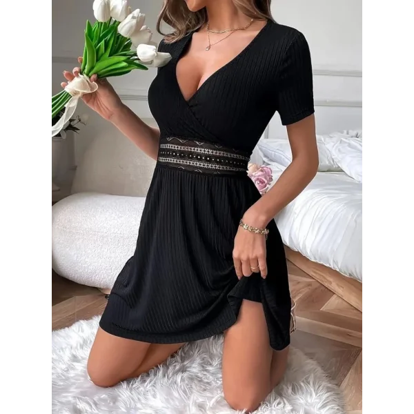 Kadın Kısa Kollu Kruvaze Yakalı Belden Dantelli Kaşkorse Elbise