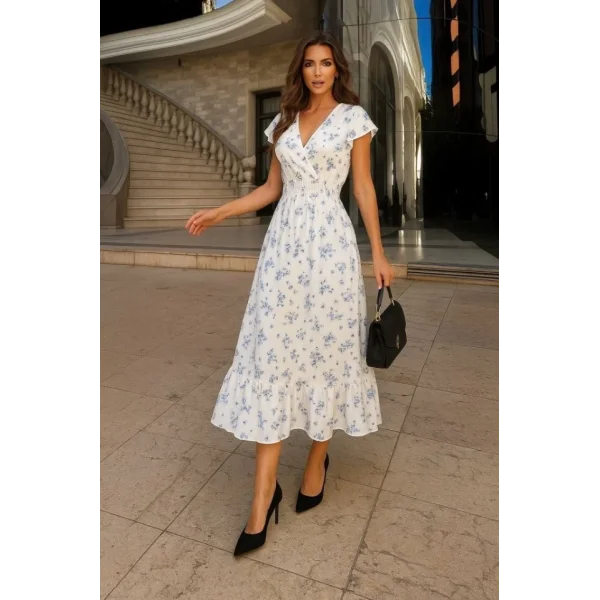 Kadın Kısa Kollu Kruvaze Yakalı Beli Lastikli çiçek Desenli Elbise