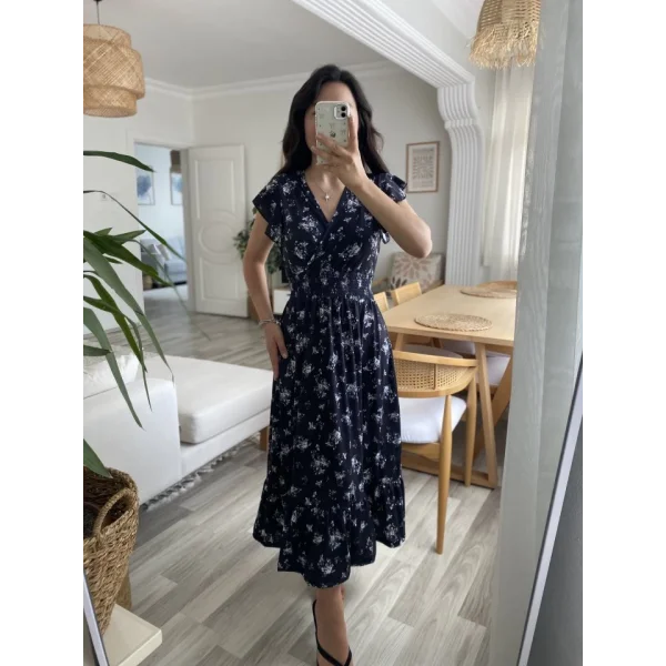 Kadın Kısa Kollu Kruvaze Yakalı Beli Lastikli çiçek Desenli Elbise