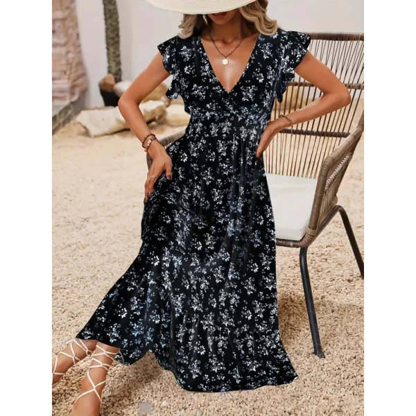 Kadın Kısa Kollu Kruvaze Yakalı Beli Lastikli çiçek Desenli Elbise