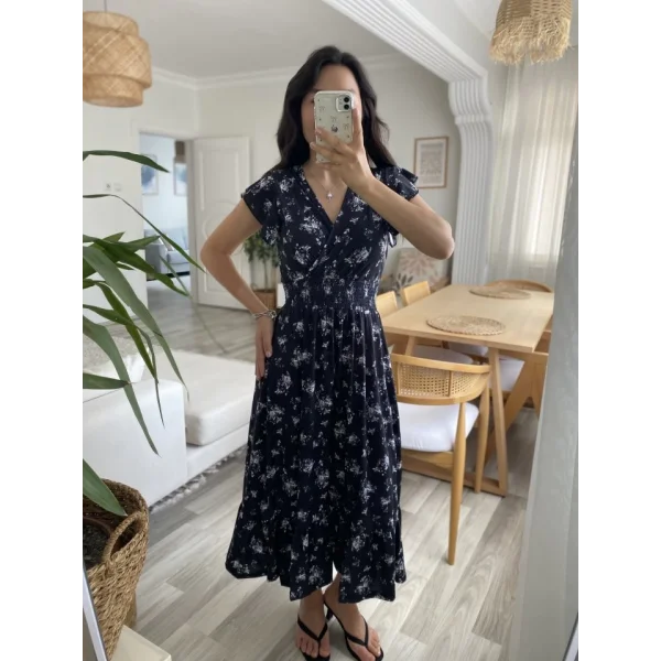 Kadın Kısa Kollu Kruvaze Yakalı Beli Lastikli çiçek Desenli Elbise