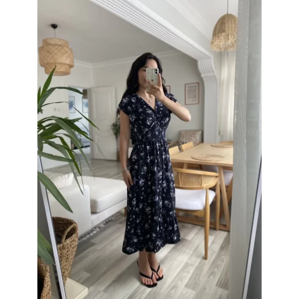 Kadın Kısa Kollu Kruvaze Yakalı Beli Lastikli çiçek Desenli Elbise