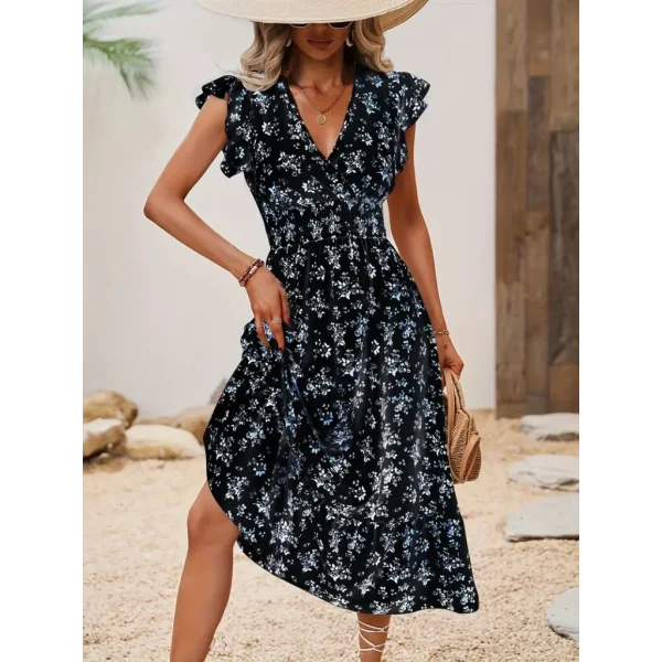 Kadın Kısa Kollu Kruvaze Yakalı Beli Lastikli çiçek Desenli Elbise