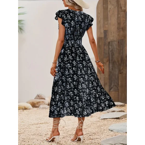 Kadın Kısa Kollu Kruvaze Yakalı Beli Lastikli çiçek Desenli Elbise