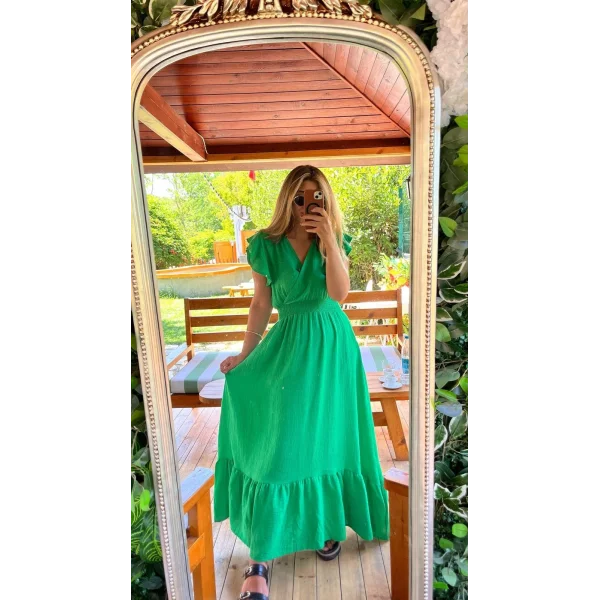 Kadın Kısa Kollu Kruvaze Yakalı Beli Lastikli Müslim Elbise