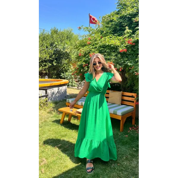 Kadın Kısa Kollu Kruvaze Yakalı Beli Lastikli Müslim Elbise