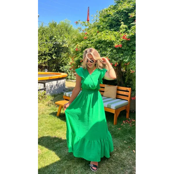 Kadın Kısa Kollu Kruvaze Yakalı Beli Lastikli Müslim Elbise