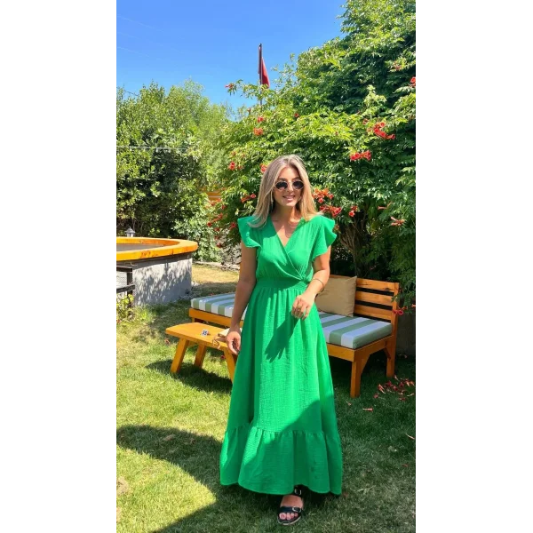 Kadın Kısa Kollu Kruvaze Yakalı Beli Lastikli Müslim Elbise