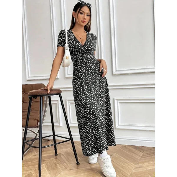 Kadın Kısa Kollu Kruvaze Yakalı çiçek Desenli Süprem Elbise