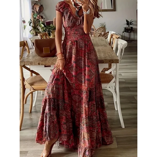 Kadın Kısa Kollu Kruvaze Yakalı Desenli Maksi Boy Süprem Elbise