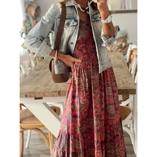 Kadın Kısa Kollu Kruvaze Yakalı Desenli Maksi Boy Süprem Elbise