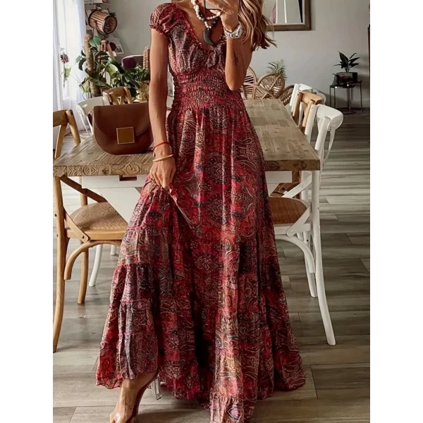 Kadın Kısa Kollu Kruvaze Yakalı Desenli Maksi Boy Süprem Elbise