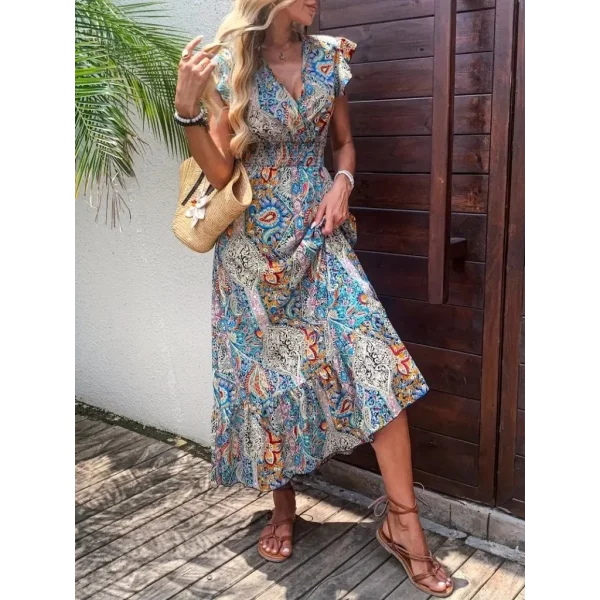 Kadın Kısa Kollu Kruvaze Yakalı Desenli Maxi Elbise