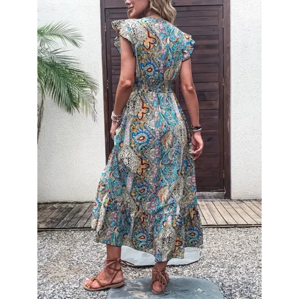 Kadın Kısa Kollu Kruvaze Yakalı Desenli Maxi Elbise