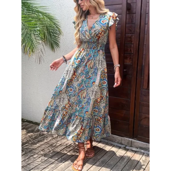 Kadın Kısa Kollu Kruvaze Yakalı Desenli Maxi Elbise