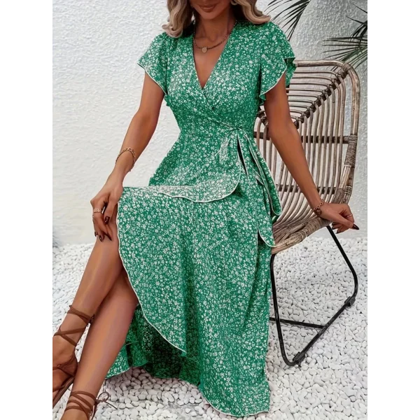 Kadın Kısa Kollu Kruvaze Yakalı Desenli Süprem Elbise