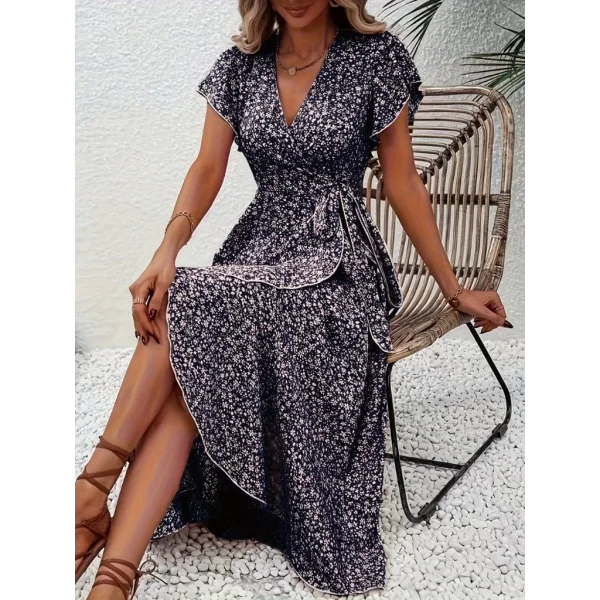 Kadın Kısa Kollu Kruvaze Yakalı Desenli Süprem Elbise