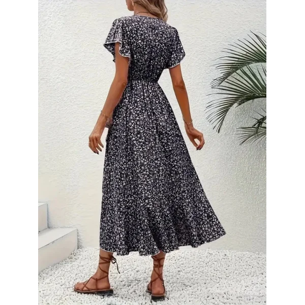 Kadın Kısa Kollu Kruvaze Yakalı Desenli Süprem Elbise