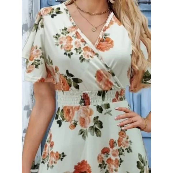 Kadın Kısa Kollu Kruvaze Yakalı Desenli Süprem Kısa Elbise