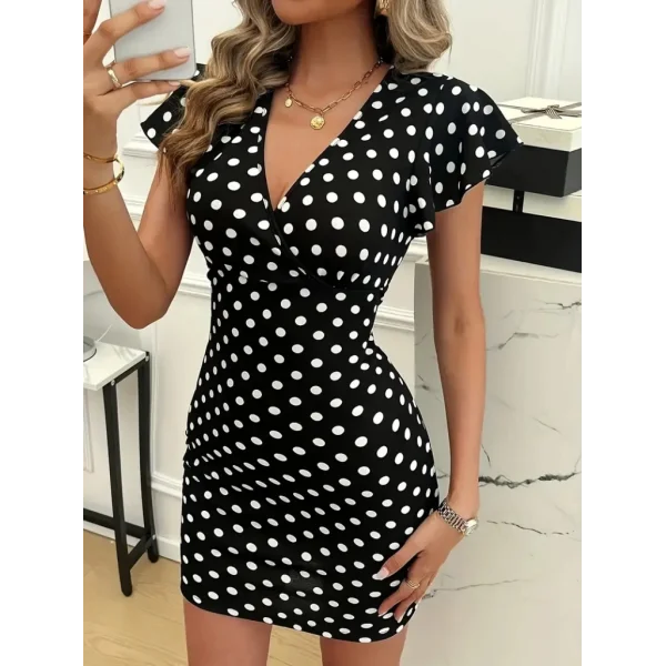 Kadın Kısa Kollu Kruvaze Yakalı örme Puantiyeli Krep Elbise