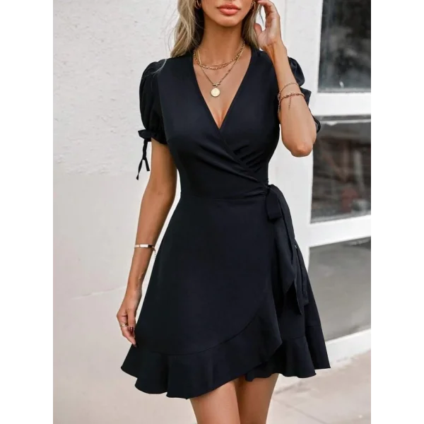 Kadın Kısa Kollu Kruvaze Yakalı Yandan Bağlamalı Janjan Krep Elbise