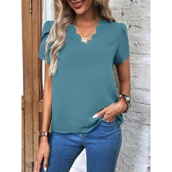Kadın Kısa Kollu Lazer V Yakalı Ithal Krep Bluz