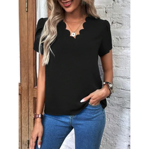 Kadın Kısa Kollu Lazer V Yakalı Ithal Krep Bluz